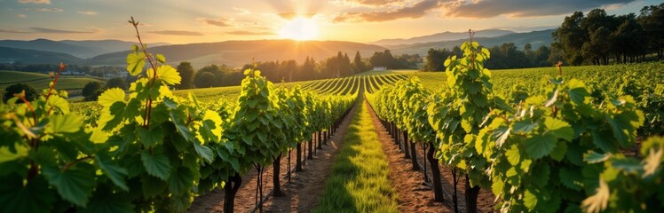 Vineyard rows at sunset Napa Valley. Green grapevines grow on hills. Summer wine production. Rural landscape. Agriculture farm. Scenic nature. Plant cultivation. Sunlit tranquil scene.
