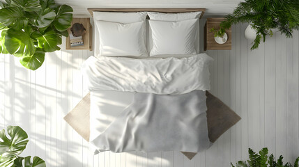 White Bed with Pillows and Duvet from Above