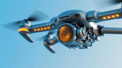 Fototapeta premium A high-tech drone with a metallic lens as its primary focus, reflections showing intricate engineering, drone lens, aerial innovation