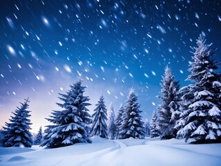 Snowfall blankets a serene forest landscape at twilight with tall evergreens creating a winter wonderland