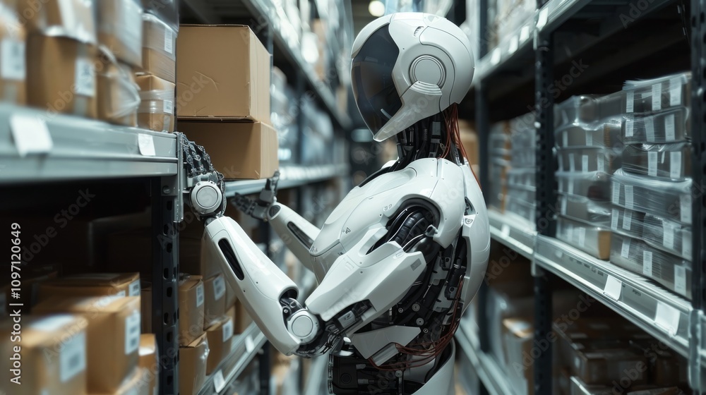 Poster robot holds a box on a warehouse shelf. concept of automation and logistics. for technology in wareh