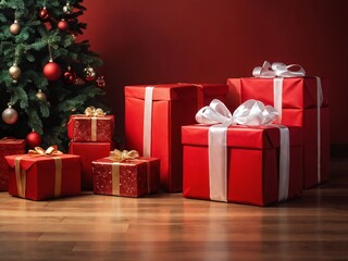 Obraz premium Festive red and white gift boxes arranged under a decorated Christmas tree in a cozy room setting