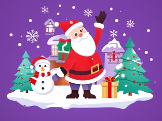 Santa Claus greets with a snowman and gifts in a winter wonderland setting during the holiday season