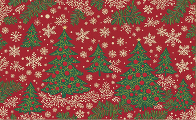Holiday pattern with green and white trees, red background, and gold elements for wrapping