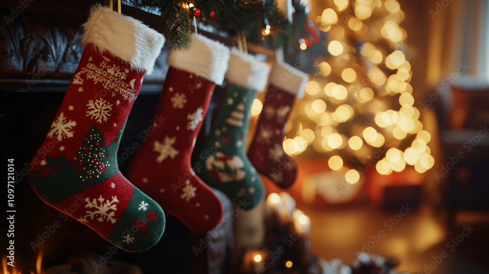 Poster christmas stockings hanging from fireplace mantel with decorated and illuminated christmas tree in b