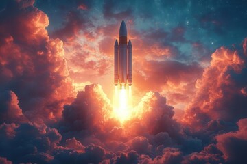 Fototapeta premium space rocket soaring through clouds, depicted in a believable style that symbolizes ambition and the challenges of launching a startup, set against a colorful sky that inspires dreams and innovation