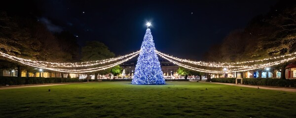 Fototapeta premium Illuminated blue Christmas tree in festive park at night with twinkling lights and holiday decorations