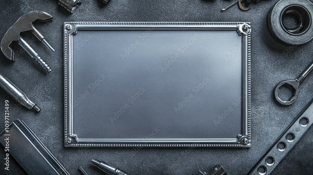Poster a blank metallic plaque surrounded by various tools on a textured surface.