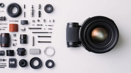 A mechanical breakdown of a lens in exploded view, parts floating in perfect alignment, lens mechanical, order and complexity