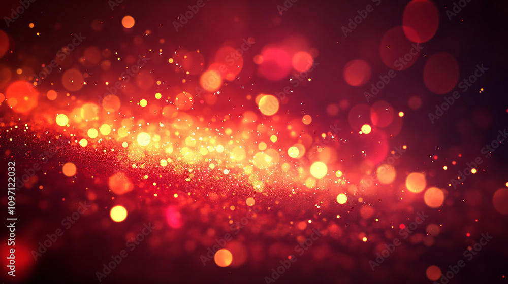 Poster golden particles floating and creating bokeh effect on a red background, perfect for luxury, elegant