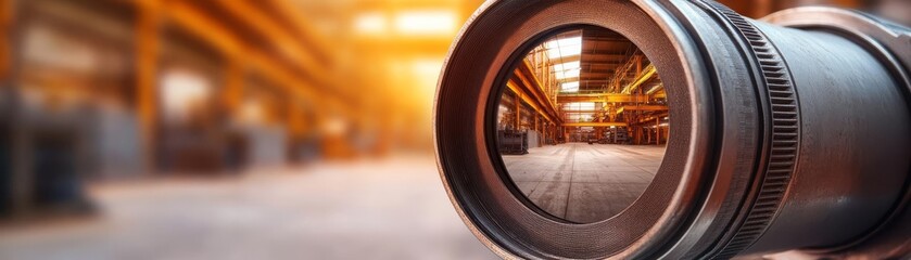 A metal lens reflecting an industrial factory setting, lens factory reflection, gritty realism