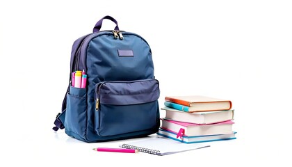 A School bag with book and  pen isolated on a white background