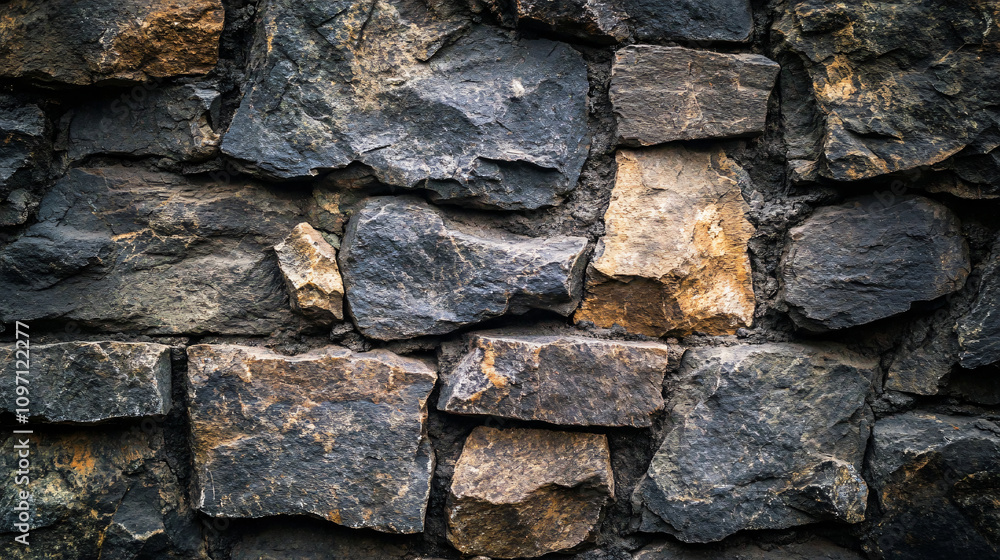 Poster detailed look at a textured dark stone wall highlighting the unique shapes and patterns of natural s