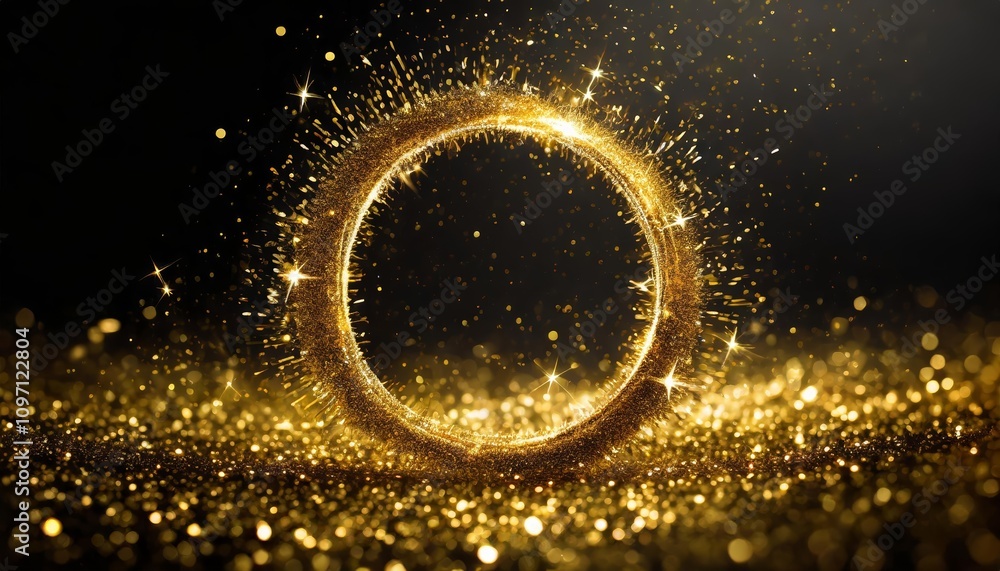 Poster radiant gold glitter circle with shimmering sparkles and golden light particles in a luxurious circu