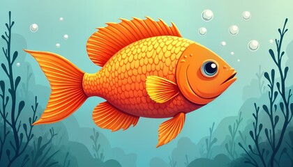 Fototapeta premium Orange cartoon fish swims underwater among teal plants. Bubbles float nearby. Vibrant aquatic animal in ocean sea. Happy cute wildlife. Tropical marine life illustration. Fun colorful reef aquarium.