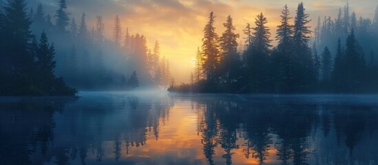 Fototapeta premium Misty sunrise over serene lake reflecting forest.