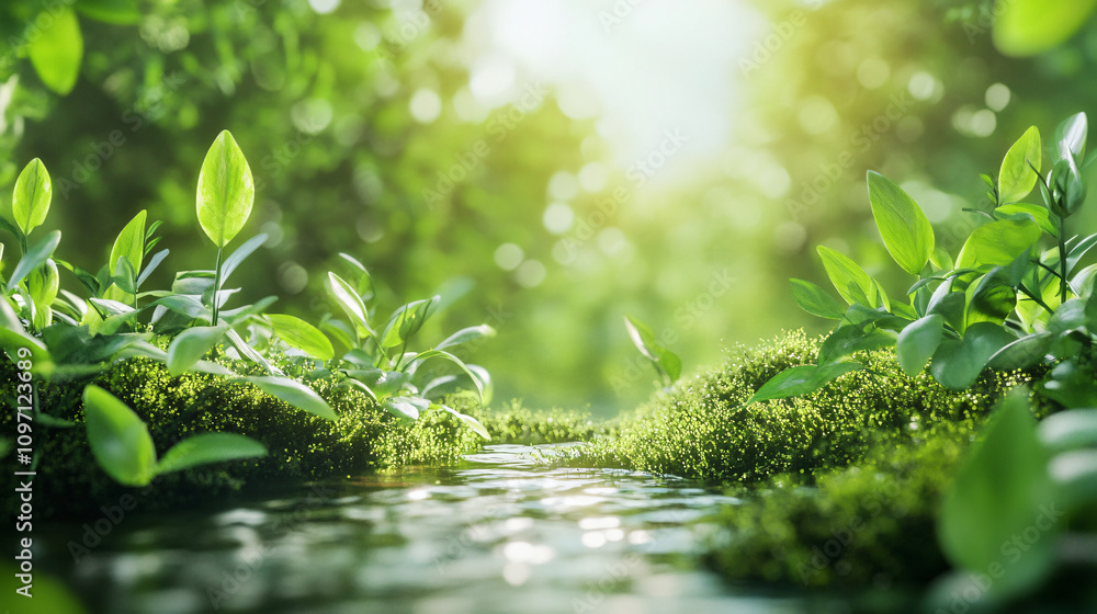 Poster tranquil and natural scene of a small stream flowing through lush vegetation in a peaceful forest se
