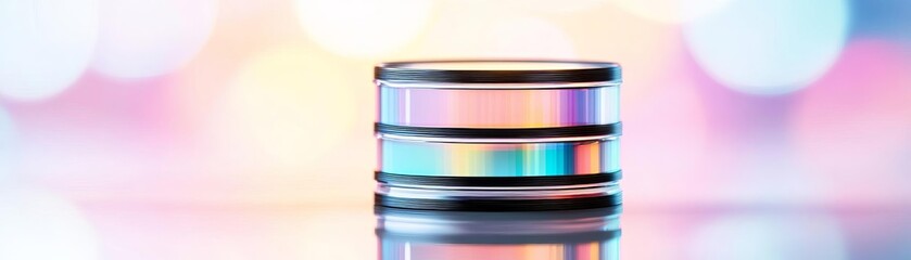 A stack of lenses forming a tower, with their polished surfaces catching colorful reflections, lens tower, geometric design