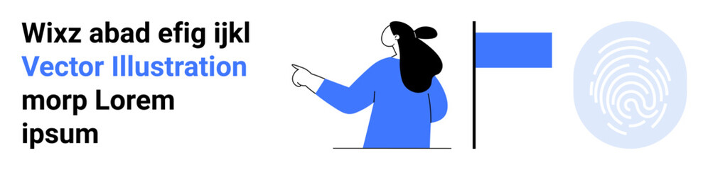 Businesswoman pointing at text on left, blue flag in middle, and fingerprint graphic on right. Ideal for business presentations, identity verification, security systems, digital marketing, UI design