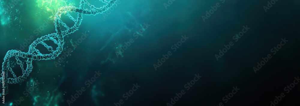 Poster dark blue-green gradient with a dna helix in the left part of the frame