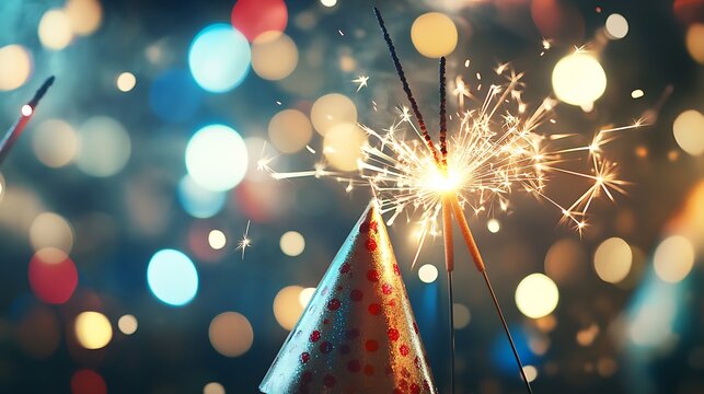 5. A group of friends at a New Year party wearing festive hats and holding sparklers