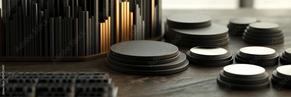 Fototapete a collection of circular objects and geometric shapes arranged on a wooden surface.