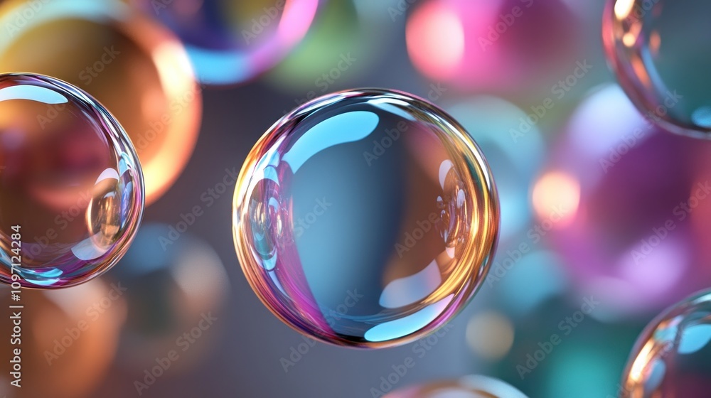 Poster iridescent soap bubbles floating in air