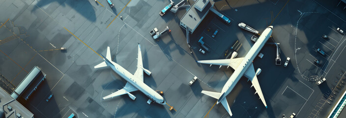 Aerial View of a 3D Commercial Airport Render with Airplanes, Passenger Terminals, Runway and Service Machinery.