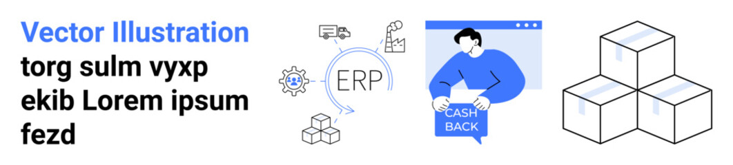 ERP gear, cashback icon, boxes, and logistics elements visible. Ideal for e-commerce, finance, logistics, ERP systems, warehouses, inventory management, business websites Landing page
