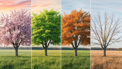Tree's four seasons journey: nature's cycle from bloom to bare.