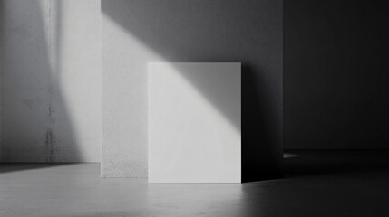 Sunlit modern gallery interior with a white blank canvas on concrete floor, ideal for displaying artwork or design