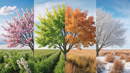 Four seasons tree collage: Nature's cycle, vibrant transformation