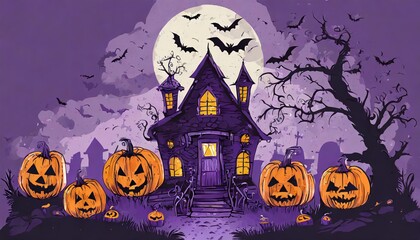Spooky Graphic T-Shirt Design Featuring a Halloween Haunted House Scene with Pumpkin Heads on a Violet Background - Perfect for Festive Fall Celebrations, Costume Parties, or Seasonal