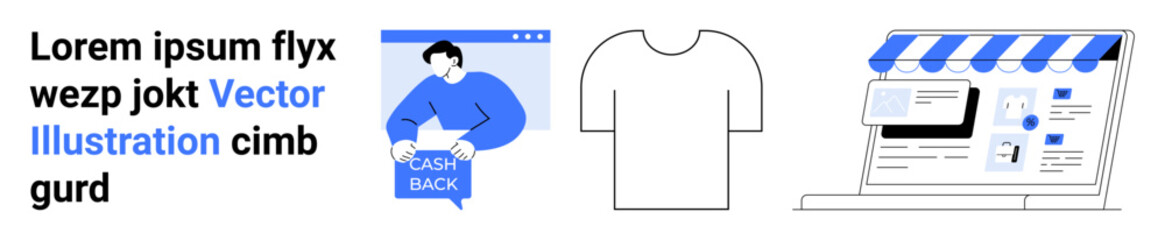 Computer displaying cashback offer, white T-shirt outline, storefront with striped awning. Ideal for e-commerce, marketing banners, online retail websites, fashion stores, digital advertising