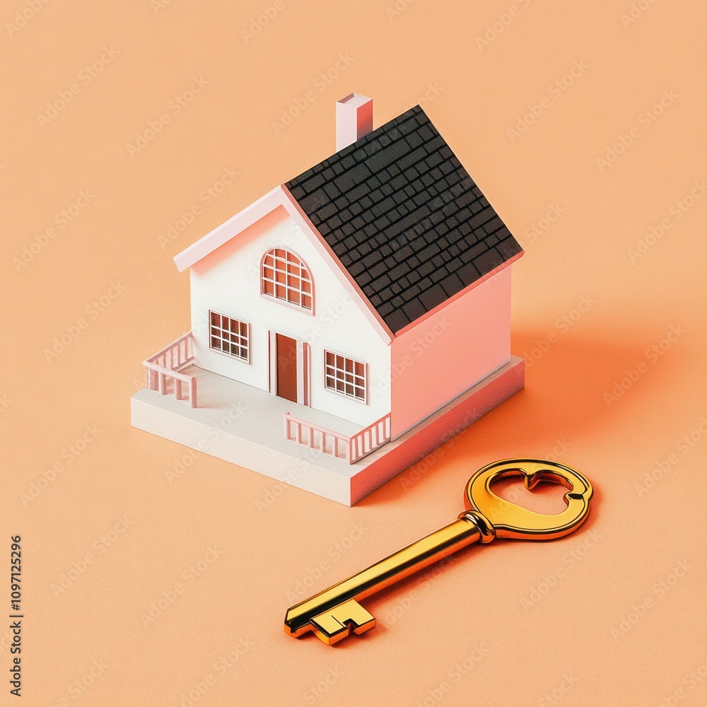 Aufkleber house model and key on a solid background, illustrating the key steps in purchasing a property and i