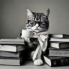Intellectual Cat with Books