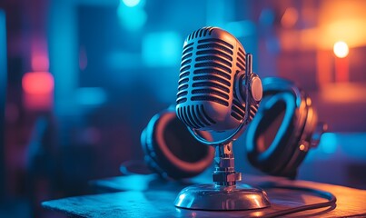 A dynamic scene showcasing a retro microphone and high-quality headphones on a table