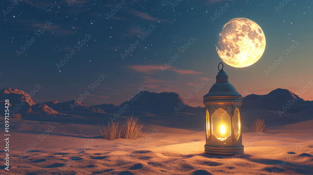 Aufkleber traditional lantern glowing on desert sand dunes at night, under a large full moon and starry sky, c