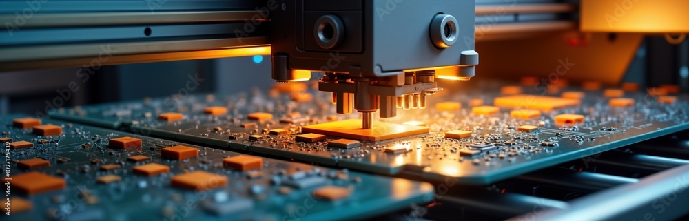 Aufkleber automated circuit board manufacturing. robotic arm assembles microchips. tech industry production li