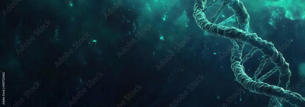 Poster dark blue-green gradient with a dna helix in the right part of the frame