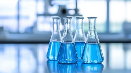 Laboratory glassware with blue liquid, representing scientific research and experimentation.
