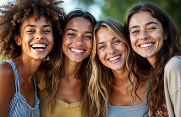 Fototapeta premium Four cheerful women smile joyfully. Friends bond, showcasing happiness, togetherness. Diverse group of young women display friendship. Casual portrait shows fun team. Modern lifestyle vibrant energy