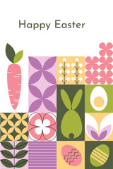 Geometric abstract seamless pattern featuring bunnies, Easter eggs, and flowers. Perfect for Easter posters, banners, wrapping paper, and sale promotion templates.