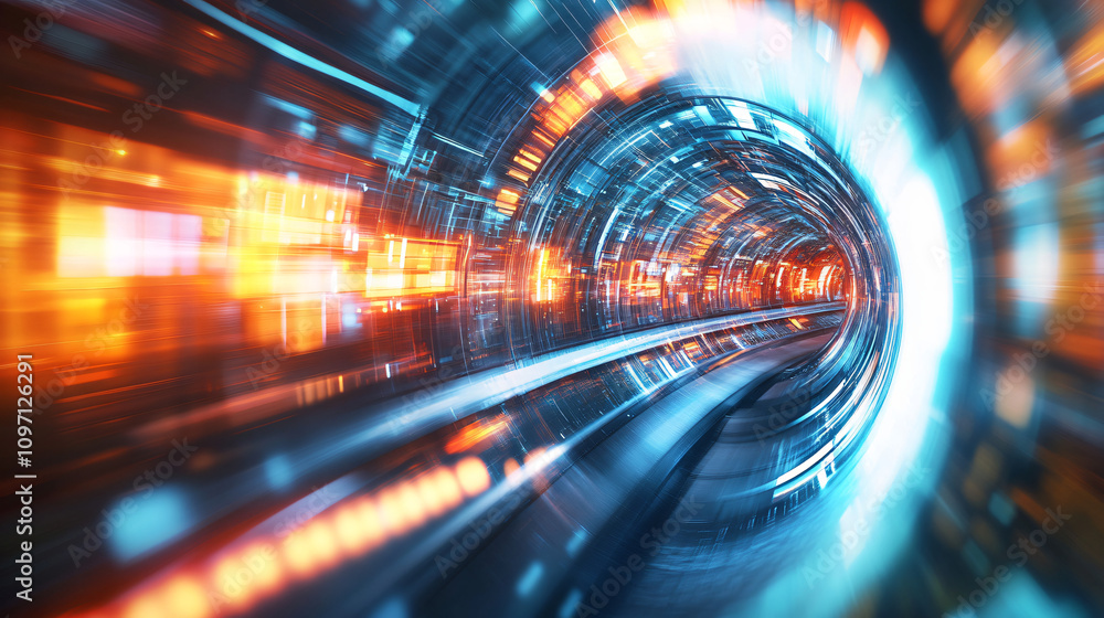 Poster information speeding through cyberspace tunnel creates futuristic technological abstract background 
