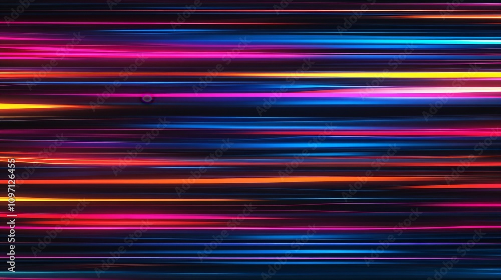 Poster colorful neon light streaks on black background. abstract digital motion lines pattern. dynamic spee