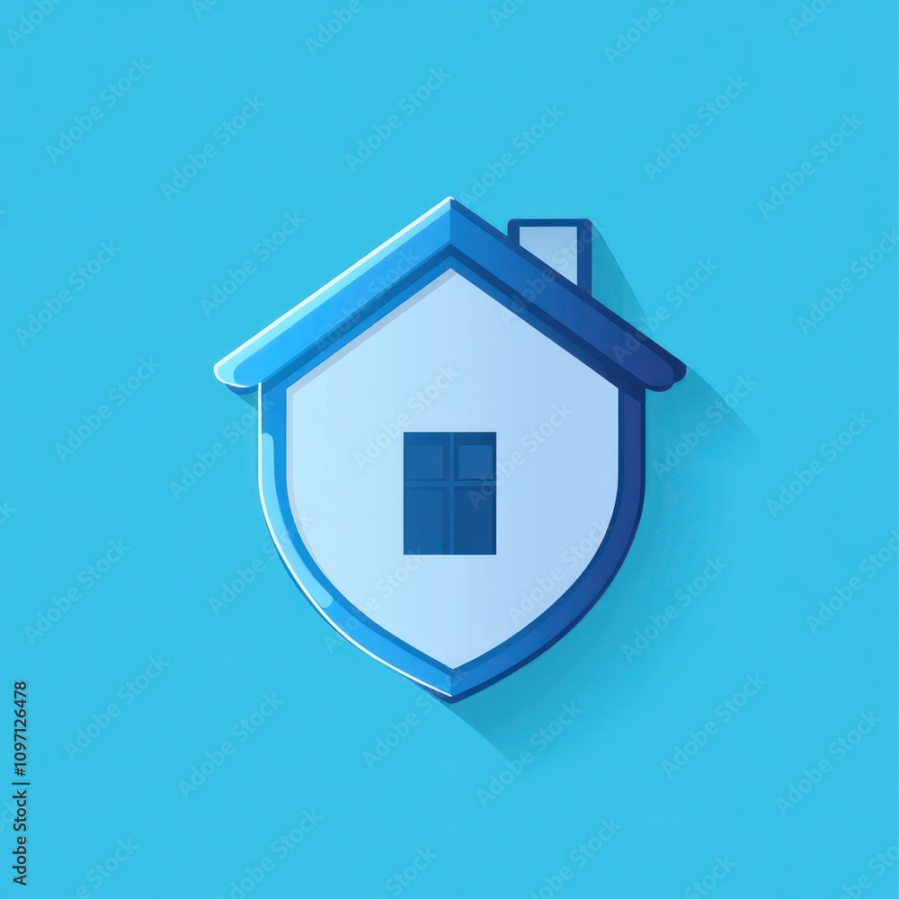 Poster a solid background with a house icon and a shield symbol, representing the coverage and safety home 