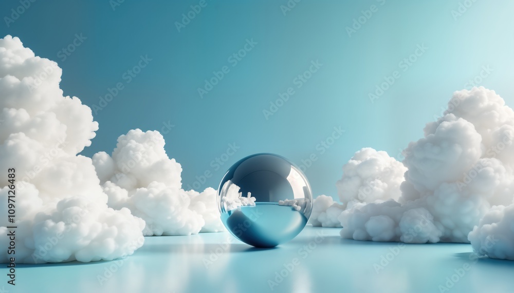 Poster Chrome sphere floats in fluffy white clouds blue sky background. Minimalist 3D render. Modern abstract design. Futuristic fantasy. Ideal for tech fashion branding. Cloud computing concept. Clean