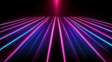 Neon laser light show with pink and blue beams on black background. Retro synthwave style perspective lines. Abstract futuristic tunnel design for music party or nightclub promotion