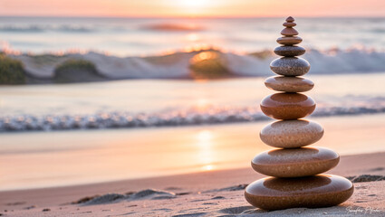 Obraz premium Sunset beach serenity: Balanced stones embody peace, mindfulness at shore.