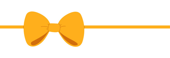 Yellow satin ribbon with tied bow for gift decoration. Holiday package wrap design isolated on white background.